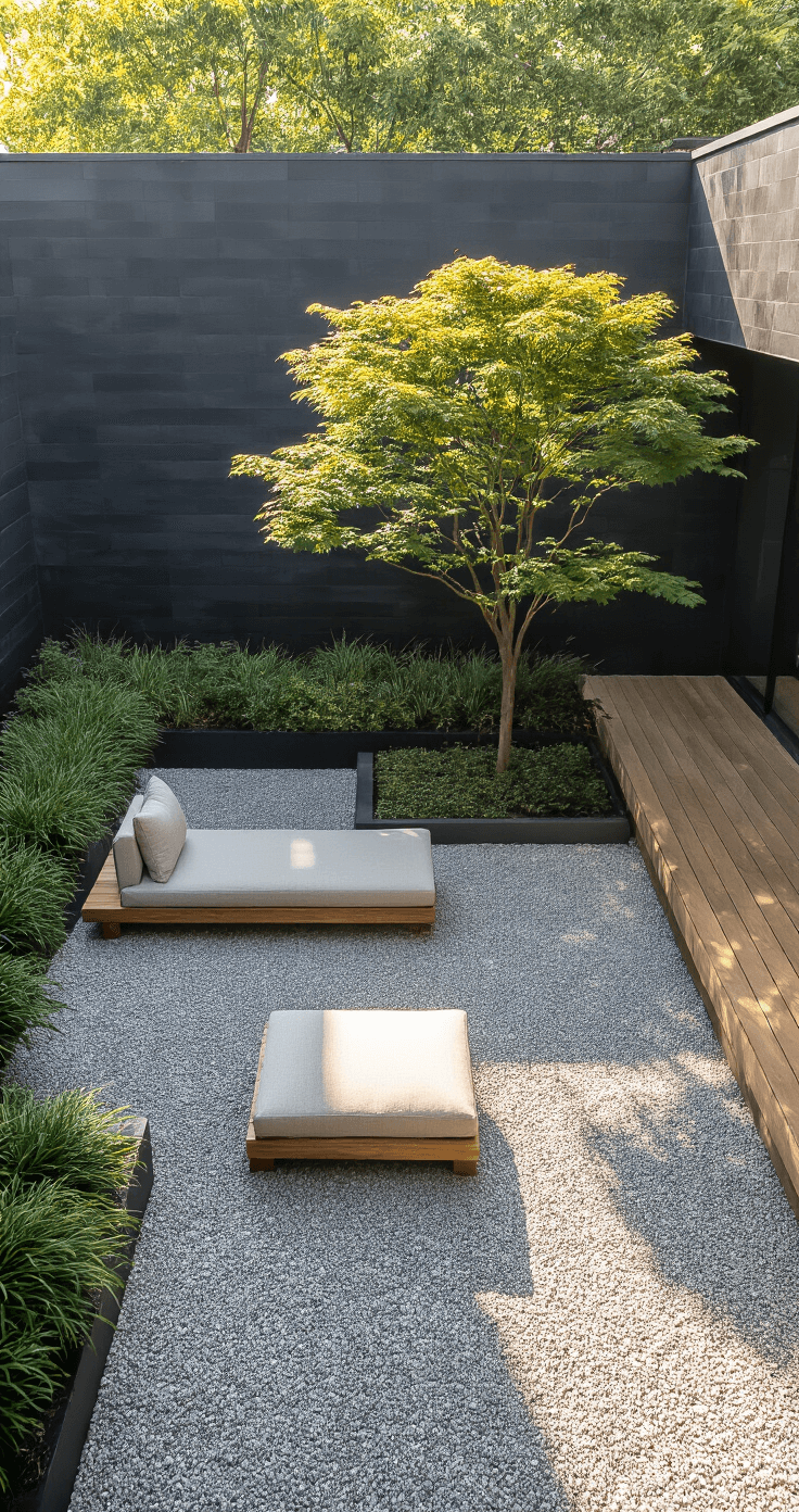 Bird's eye view of a minimalist Zen courtyard featuring smooth grey pebbles, a Japanese maple tree, dark slate wall, low teak seating with linen cushions, and black planters with grasses, illuminated by soft morning light.