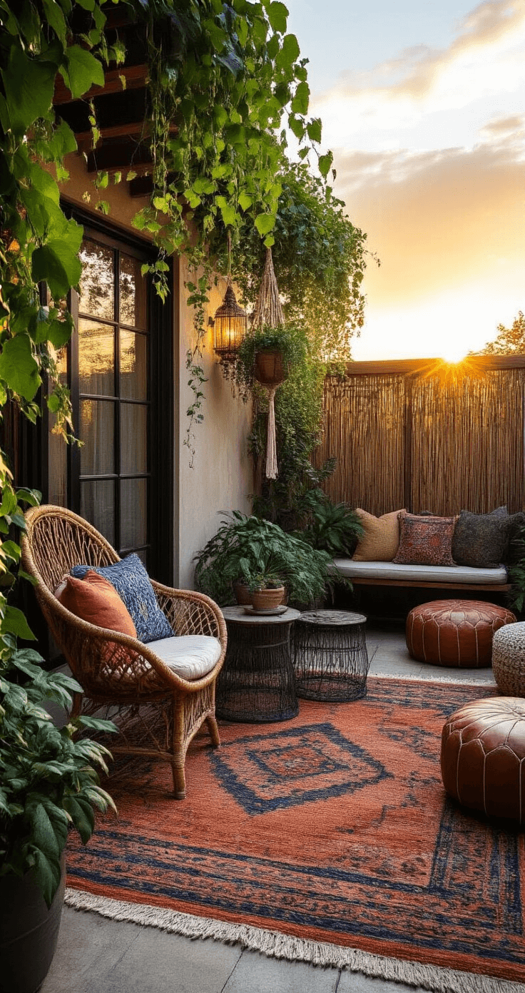 Corner view of a bohemian courtyard featuring a handwoven outdoor rug in rust and indigo, a rattan peacock chair, vintage metal side tables, macramé plant hangers with pothos and string of pearls, a distressed timber privacy screen with climbing jasmine, and Moroccan poufs in leather and kilim prints, all bathed in warm magical sunset lighting.