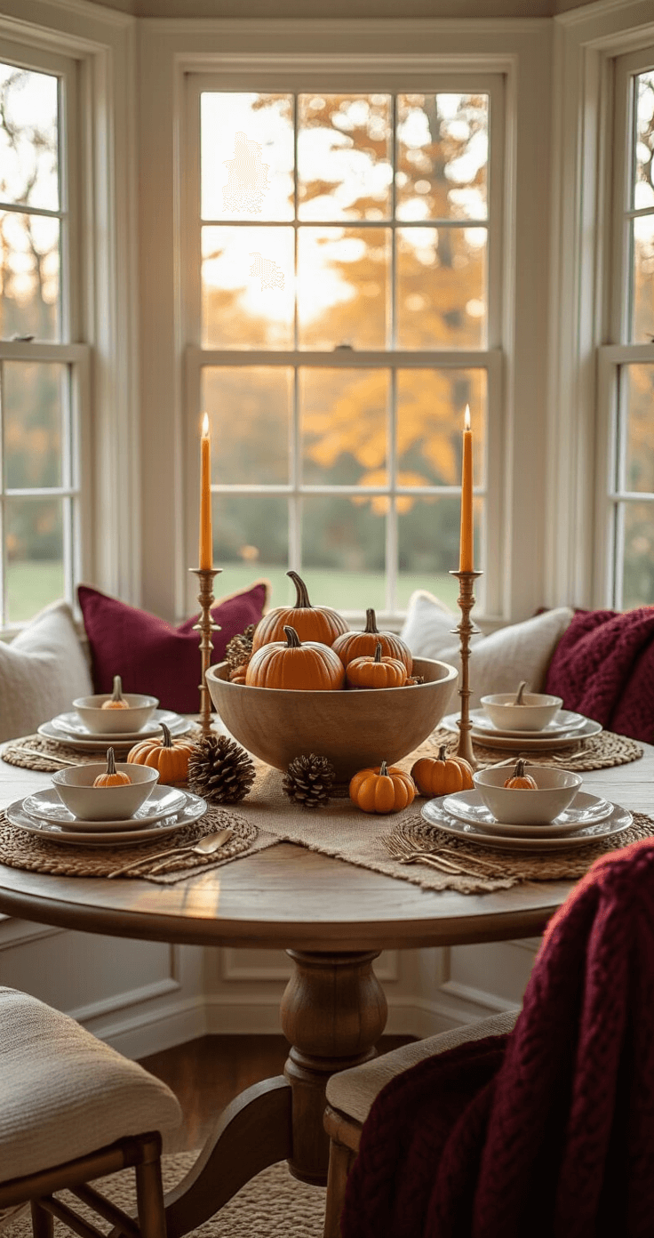 A cozy kitchen nook with bay window seating, a round oak table adorned with a dough bowl full of mini pumpkins and pinecones, layered textures of burlap and woven placemats, brass candlesticks with amber candles, and a burgundy throw, all bathed in warm golden hour light.