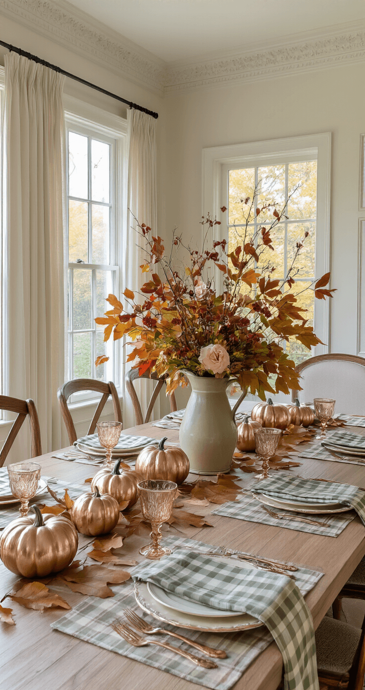 An elegant dining room with 12-foot ceilings, featuring a long farmhouse table adorned with a muted plaid runner, cream and sage placemats, and a tall arrangement of autumn leaves and wildflowers in a weathered pitcher. Rose gold flatware and goblets add shine, while metallic pumpkins and magnolia leaves accentuate the scene. Soft evening light filters through sheer curtains, enhancing the rich autumnal color palette.