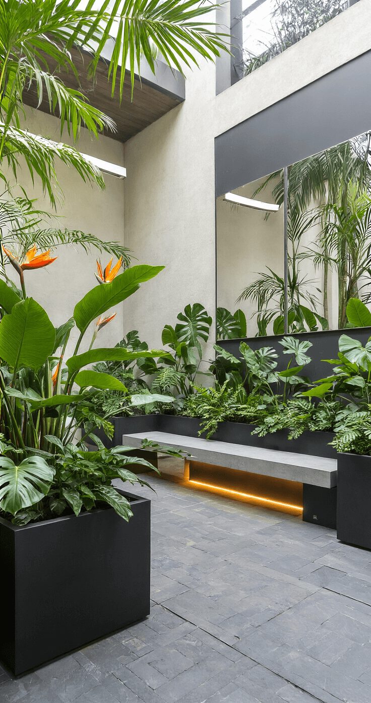 Low-angle view of a modern tropical courtyard featuring oversized black planters with bird of paradise and monstera plants, a sleek concrete bench with LED lighting, and mirror-polished stainless steel wall art, all set on charcoal limestone pavers under high-key natural lighting.