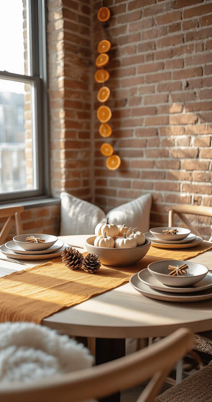 A compact dining area with a round table against an exposed brick wall, adorned with a linen amber runner and a dough bowl of mini white pumpkins and pinecones, featuring stoneware place settings with cinnamon stick bundles, and a dried orange slice garland.