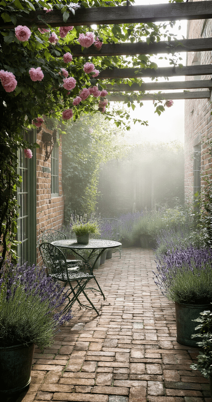 A peaceful English cottage courtyard, featuring reclaimed brick herringbone paving with creeping thyme, a weathered wooden arbor draped in climbing roses, and overflowing vintage zinc planters with lavender and salvias, all bathed in soft morning mist and diffused natural light.