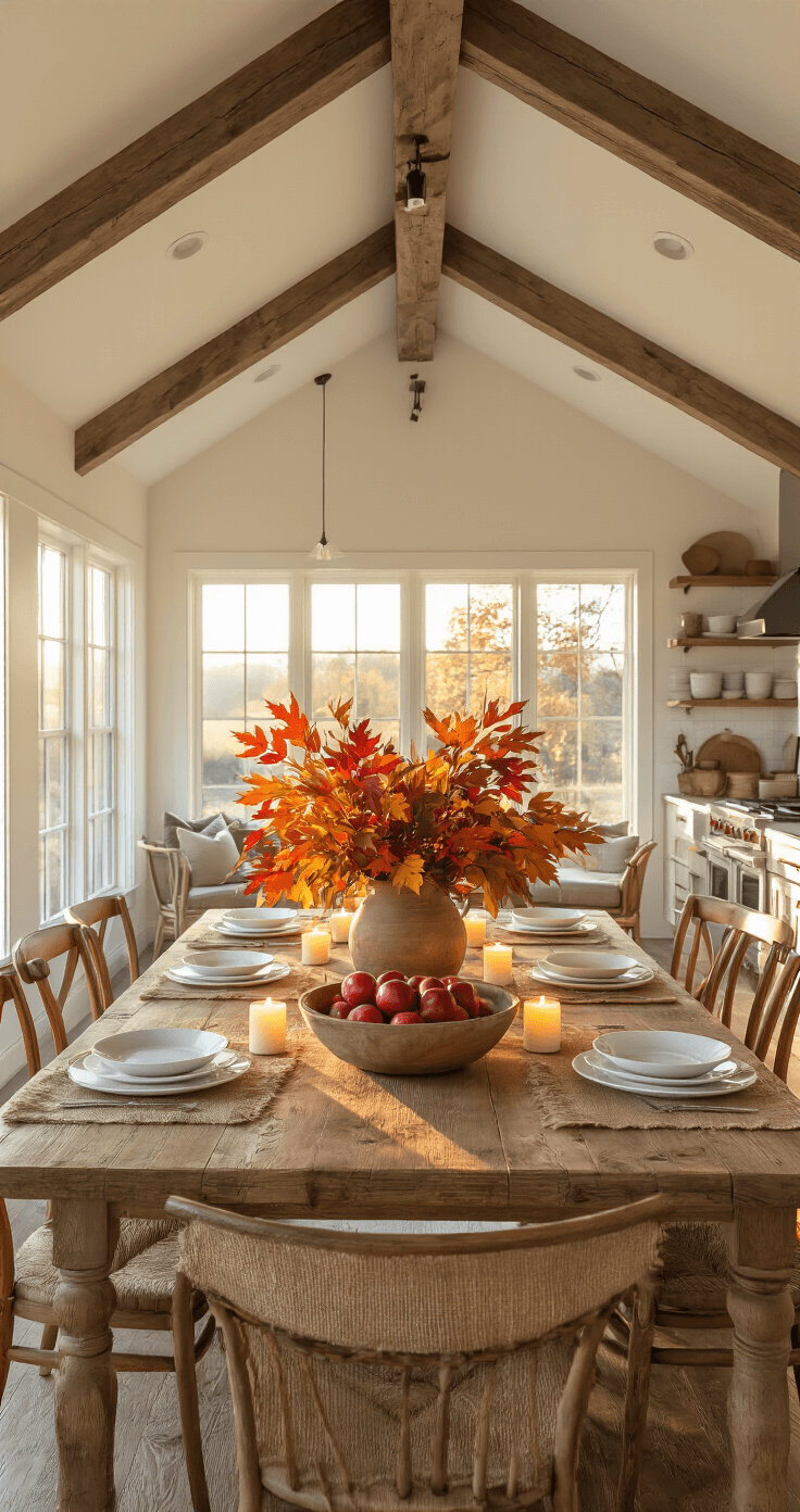 A cozy rustic kitchen and dining area with vaulted ceilings, featuring a reclaimed wood table, mix-and-match chairs, and vibrant autumn leaves in an antique dough bowl, illuminated by warm golden hour light.
