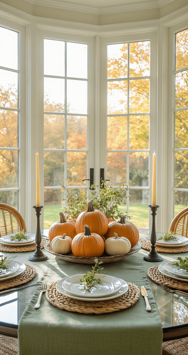 A sunroom filled with soft morning light, featuring a glass-topped table with a wrought iron base, adorned with a sage green table runner and a centerpiece of stacked heirloom pumpkins. Simple white plates sit on woven rattan chargers, each with a sprig of fresh herbs. Tall candleholders with cream tapers enhance the ambiance, while floor-to-ceiling windows showcase the vibrant outdoor autumn landscape.