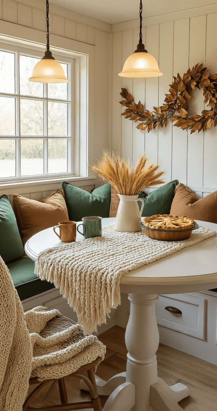 Cozy farmhouse breakfast nook with L-shaped green bench, round table with cream knit runner, vintage pitcher of wheat and wildflowers, autumnal mugs, apple pie, and clay leaf garland, softly lit for a warm atmosphere.