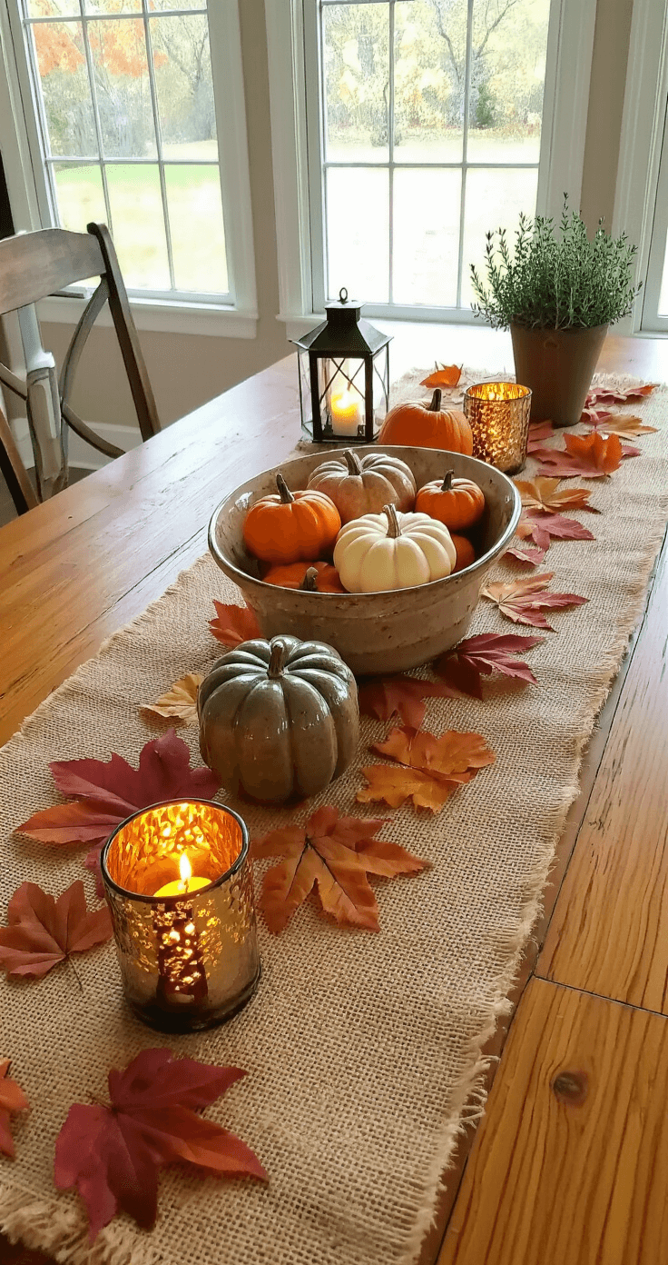 A cozy kitchen with soft afternoon light illuminating a large wooden table set with a burlap runner, a ceramic bowl of mini pumpkins, mercury glass candle holders, and scattered autumn leaves, surrounded by warm wood tones and creamy walls.
