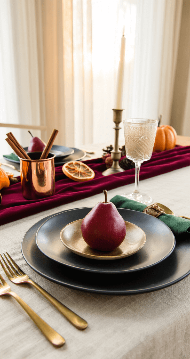 Close-up of an elegantly set dining table corner for a fall gathering, featuring a cream linen tablecloth, burgundy velvet runner, matte black plate with a gold-rimmed dish holding a red pear, a forest green napkin, vintage copper mug with cinnamon sticks and dried orange slices, and a blurred arrangement of rust and amber flowers in the background, all illuminated by warm golden hour light.