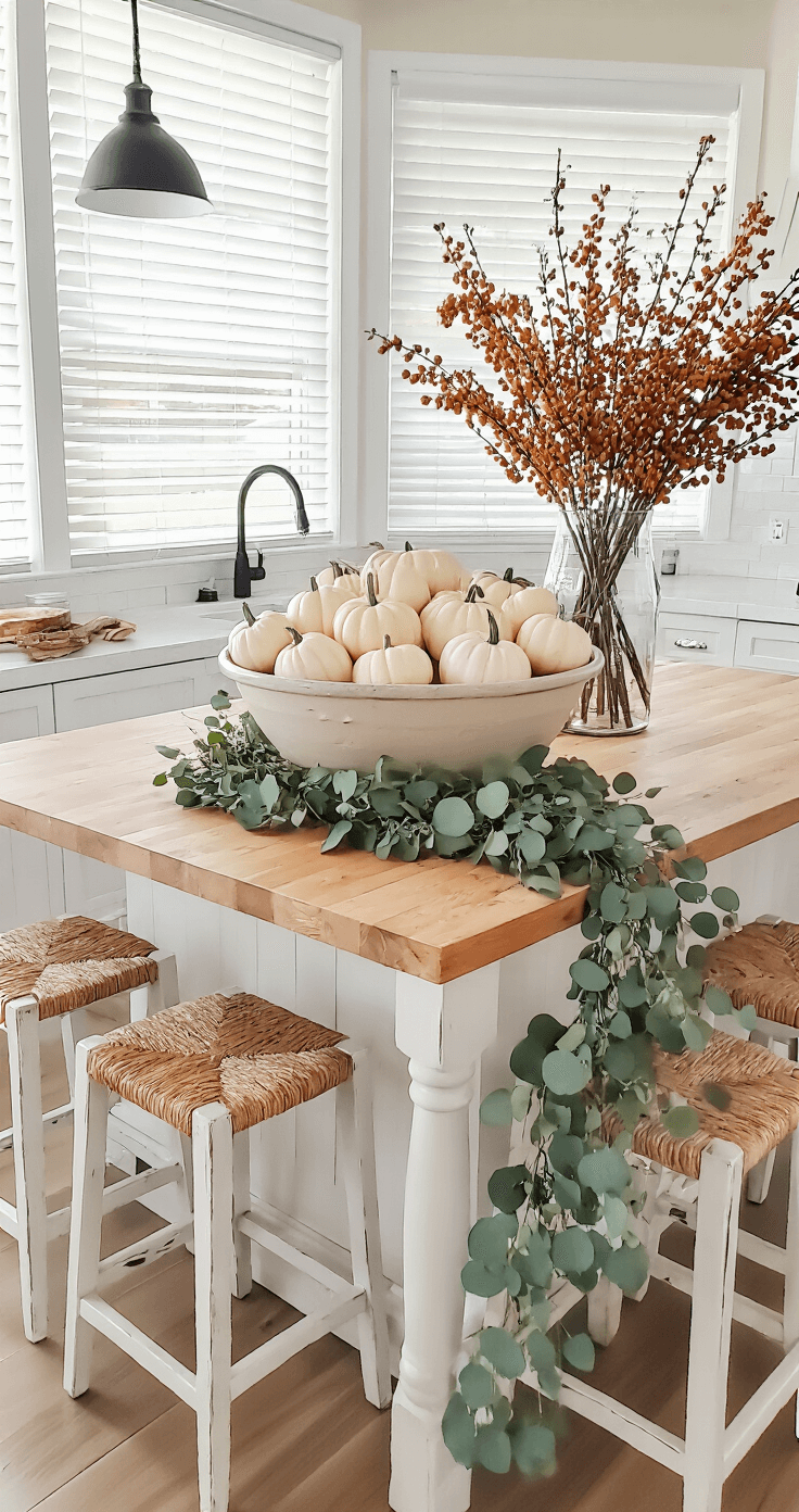 A wide-angle view of a farmhouse-style kitchen featuring a large island with a butcher block top, surrounded by distressed white wooden stools. Morning light streams through white blinds, casting striped shadows. A dough bowl filled with faux white pumpkins and eucalyptus sprigs sits on the island, complemented by a garland of preserved oak leaves. A tall vase with bittersweet berries accents one end of the island, while potted herbs add pops of sage green on the windowsill. The overall color scheme is white and warm wood tones.