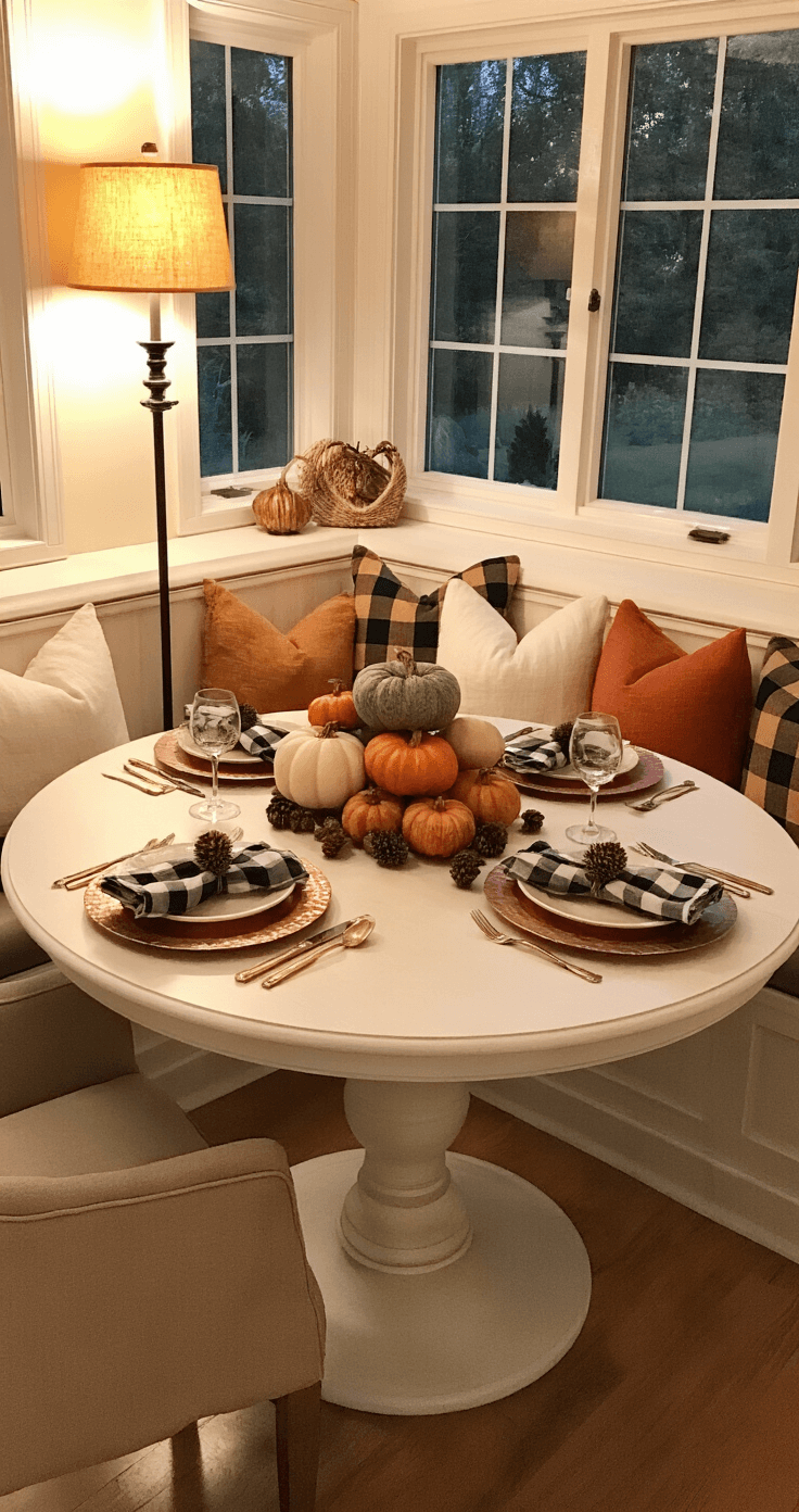 Cozy breakfast nook with a round pedestal table set for two, featuring a mustard linen tablecloth, a centerpiece of heirloom pumpkins, and hammered copper place settings, all bathed in warm, ambient lighting from a floor lamp.