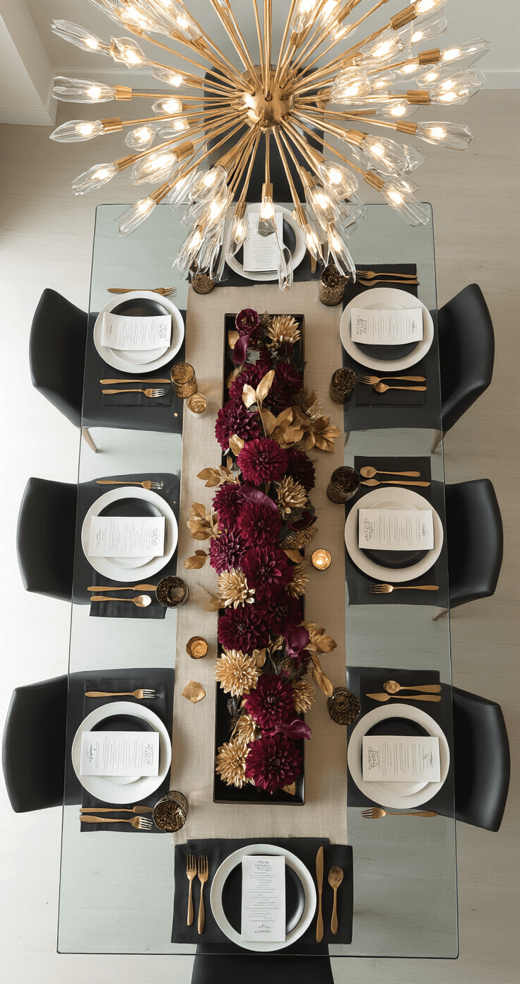 Overhead view of a modern dining table set for a fall dinner party, featuring a glass top, metallic gold leaf table runner, and an arrangement of burgundy dahlias and deep purple calla lilies in a black tray, with alternating matte black and glossy white plates, gold flatware, and stemless wine glasses, all illuminated by a dramatic sputnik chandelier.