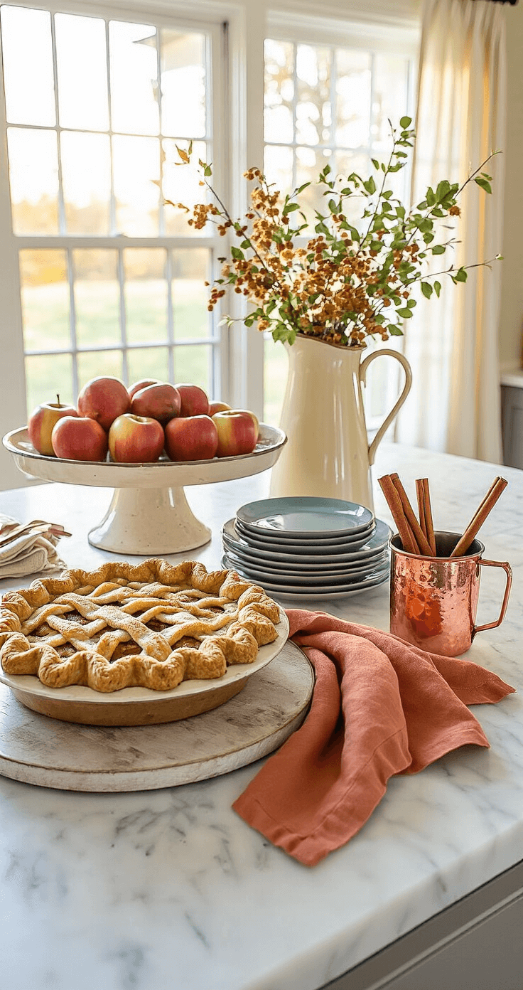 Close-up of a kitchen island corner adorned for fall entertaining, featuring a rustic apple pie on a wooden cake stand, a cream enamel pitcher filled with apples, small plates with terracotta napkins, and a copper mug with aromatic spices, all bathed in warm afternoon light.