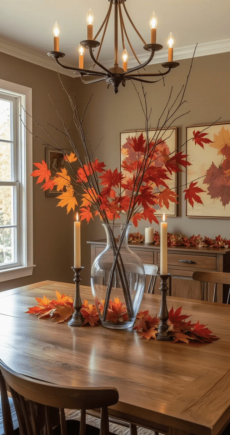Cozy dining room at dusk featuring a large wooden table with a clear glass vase of red and orange maple leaves, tall bronze candlesticks with flickering candles, warm taupe walls with autumn artwork, and a walnut sideboard adorned with additional candles and leaf arrangements.