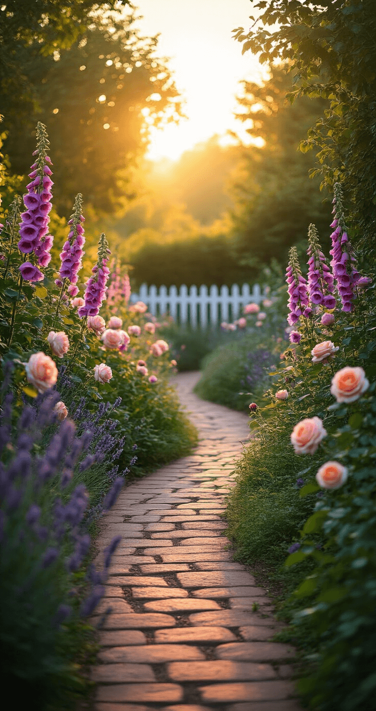 A winding garden path at golden hour, featuring a cottage garden with soft pink and peach David Austin roses, tall purple foxgloves, and lavender. The weathered brick path is partially obscured by flowers, with a white picket fence in the background. The scene is romantic and dreamy, illuminated by natural light with a soft bokeh effect and a slight evening mist.