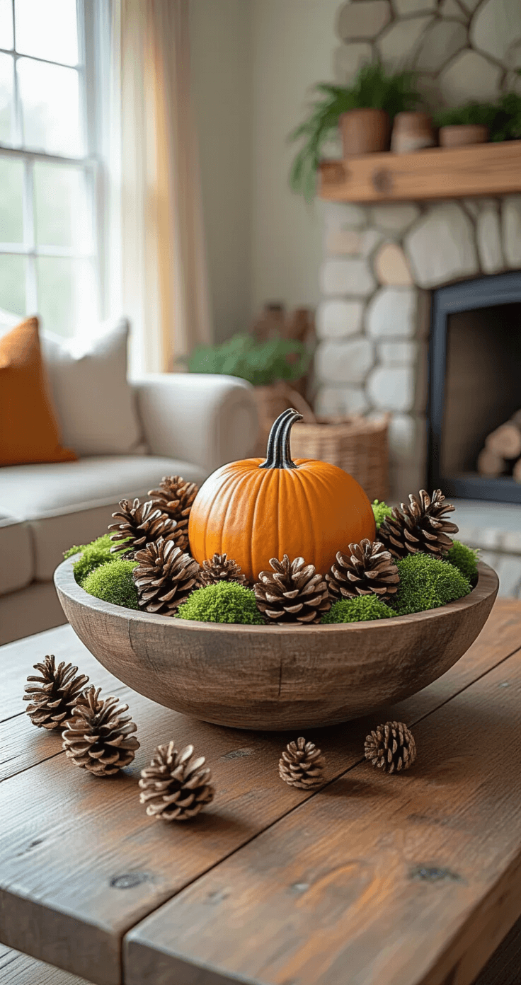 Close-up of a rustic coffee table in a cozy living room, featuring a weathered wooden bowl filled with pinecones, a vibrant orange sugar pumpkin, grapevine tendrils, and emerald green moss, all illuminated by soft morning light.