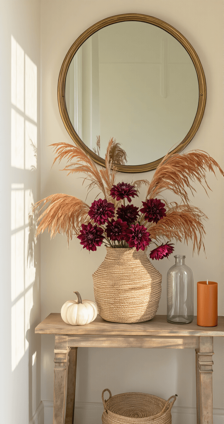 A cozy entryway featuring a console table with a woven basket of pampas grass and dahlias, a whimsical ceramic pumpkin, and a burnt orange candle, illuminated by warm afternoon sunlight. A round brass-framed mirror hangs on a soft cream wall, with shadows creating depth in the scene.