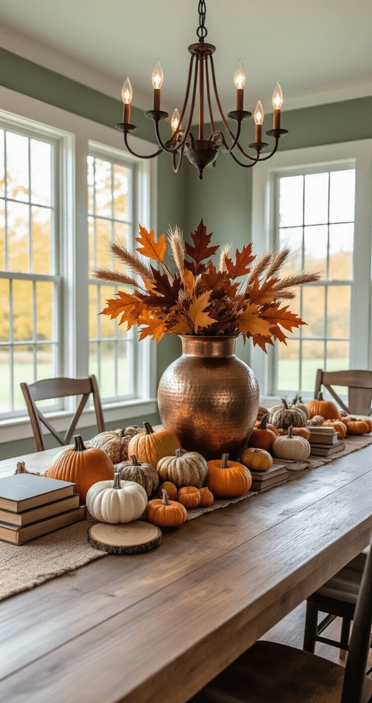 Wide-angle shot of a charming dining room featuring a long farmhouse table adorned with an eclectic centerpiece of faux maple leaves and mini gourds, illuminated by natural light and a chandelier against sage green walls and hardwood floors.