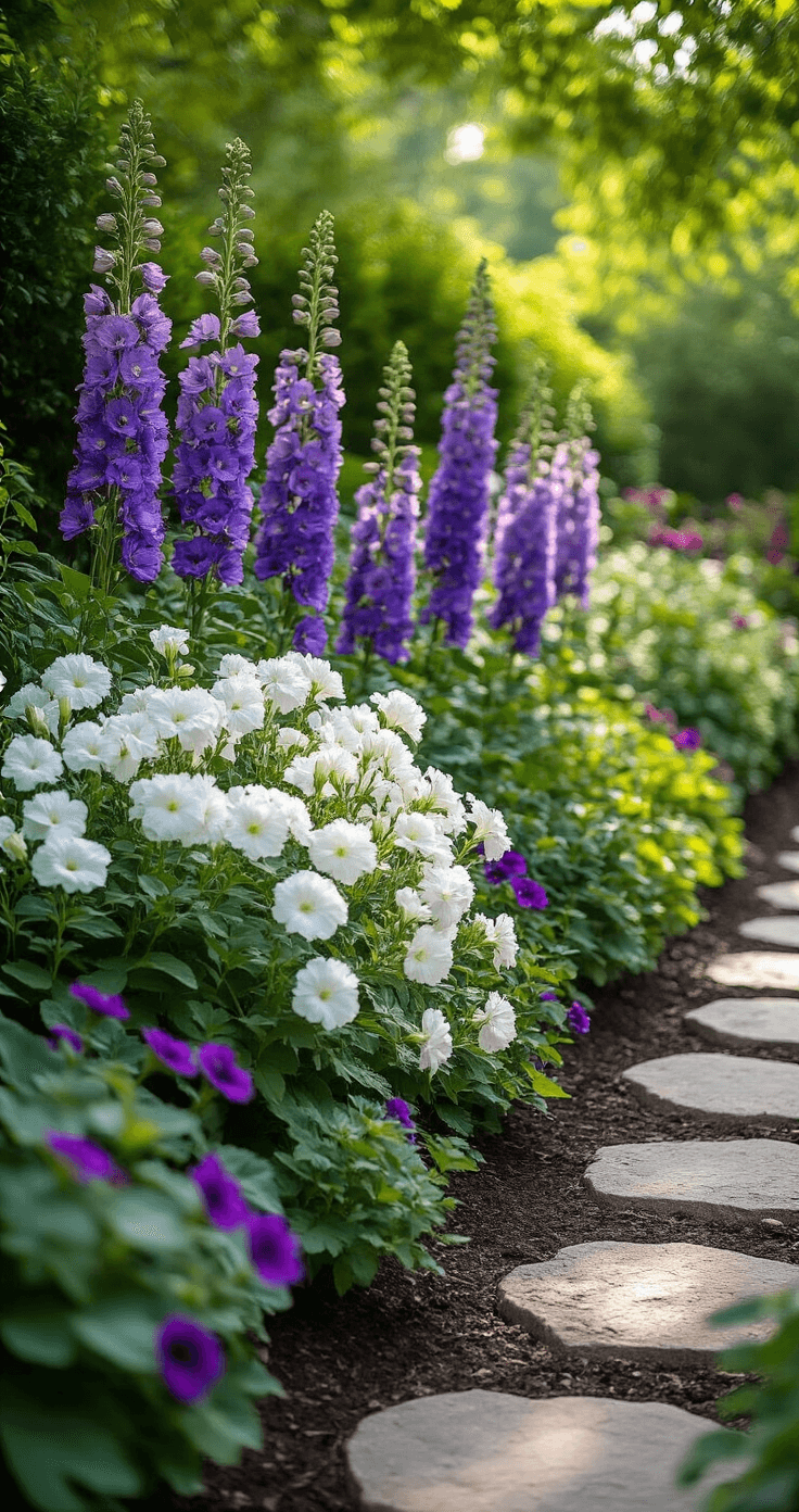 A mid-afternoon garden border featuring 4-foot-tall white phlox, 6-foot purple delphinium spires, and trailing purple geraniums, with natural stone stepping stones visible among rich soil, under dappled sunlight filtering through a tree canopy.