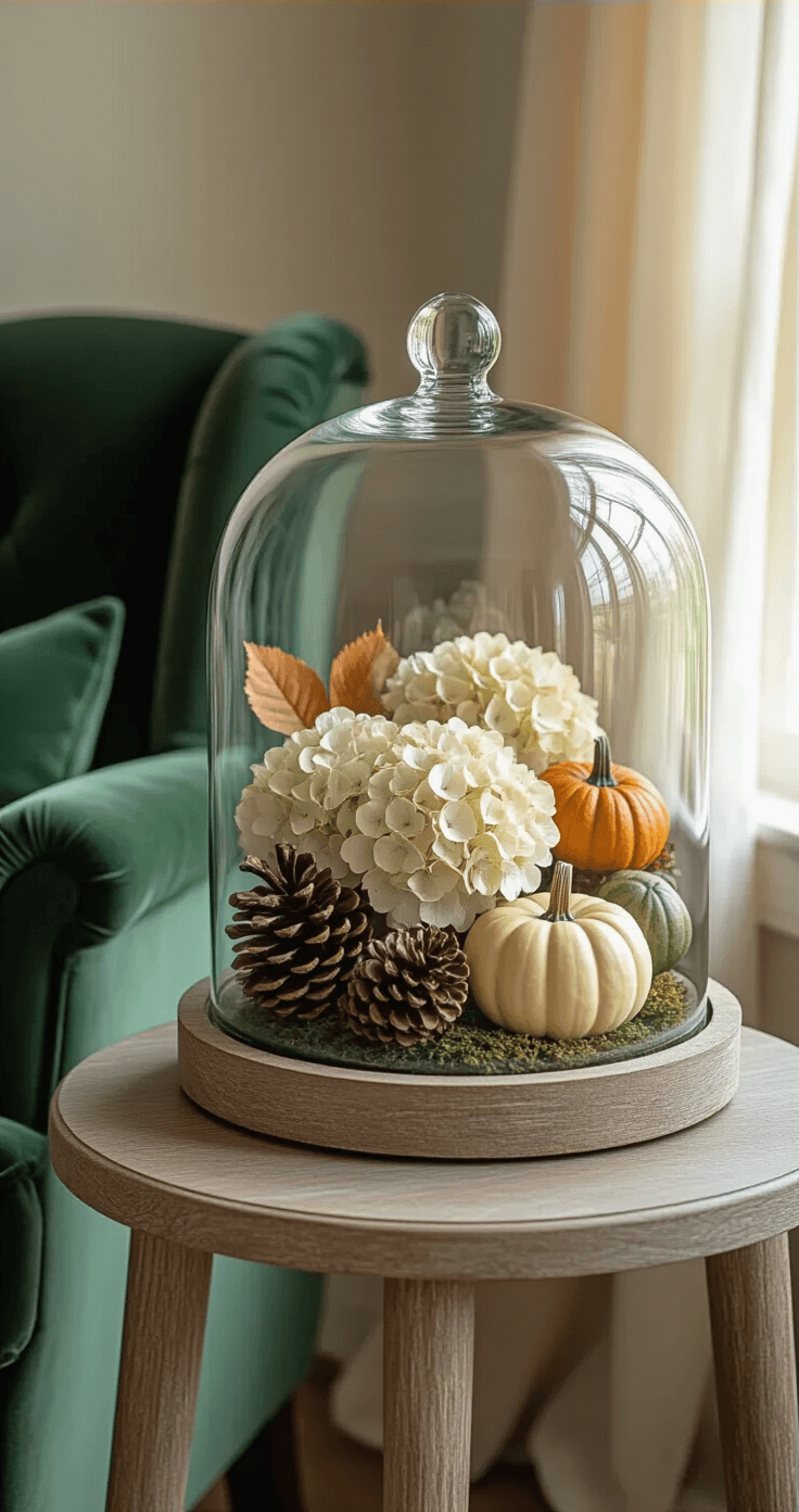 Close-up of a glass cloche on a weathered wood base, showcasing an autumn scene with pine cones, dried cream hydrangeas, and heirloom pumpkins, all illuminated by soft afternoon light in a cozy reading nook.