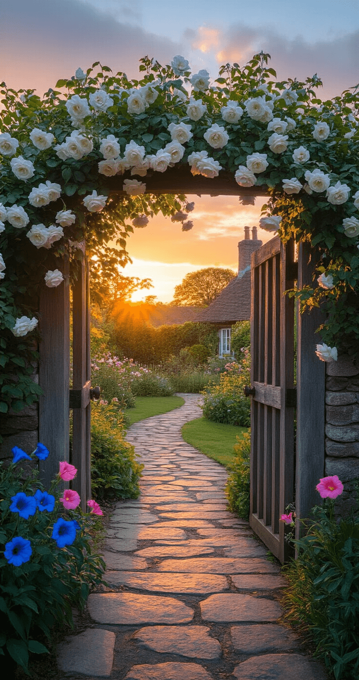 Secret garden entrance at sunset with an ancient wooden gate adorned by white 'Felicite Perpetue' roses, leading to a cottage garden. Flagstone path guides the viewer through, flanked by blue and pink Canterbury bells, with golden hour lighting casting long shadows and illuminating rose petals, creating a mysterious and inviting atmosphere.