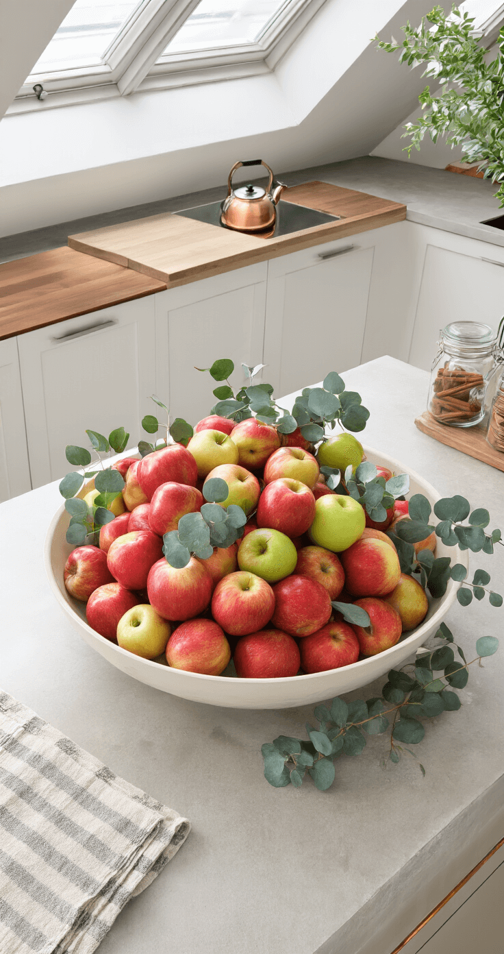 Overhead view of a bright kitchen island with a creamy white ceramic bowl filled with red and green apples, accented by silver-dollar eucalyptus, on polished concrete; morning light streams in from skylights, illuminating surrounding stainless steel appliances and white shaker cabinets.