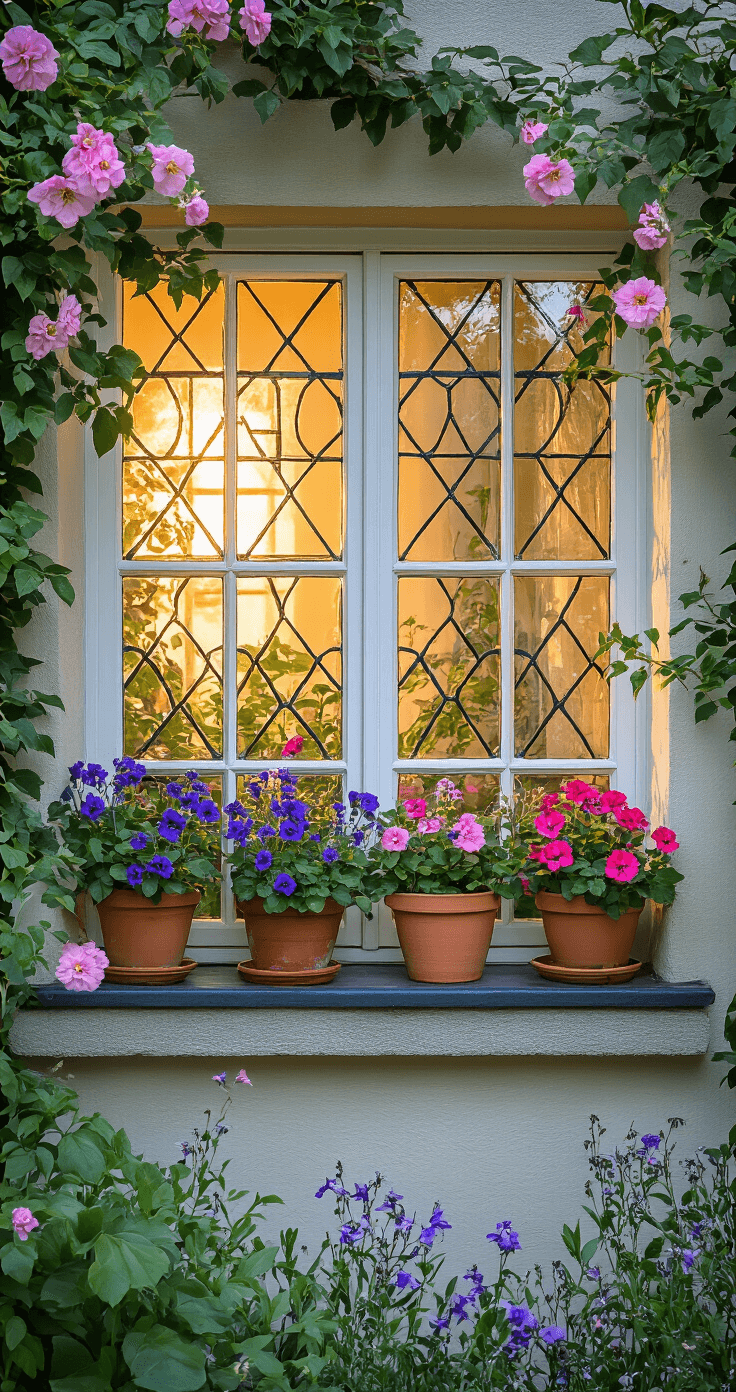 A leaded glass cottage window with a deep sill displaying vintage terracotta pots filled with trailing lobelia, purple heliotrope, and pink geraniums, framed by climbing roses, bathed in soft morning light, with a warm glow from the interior.