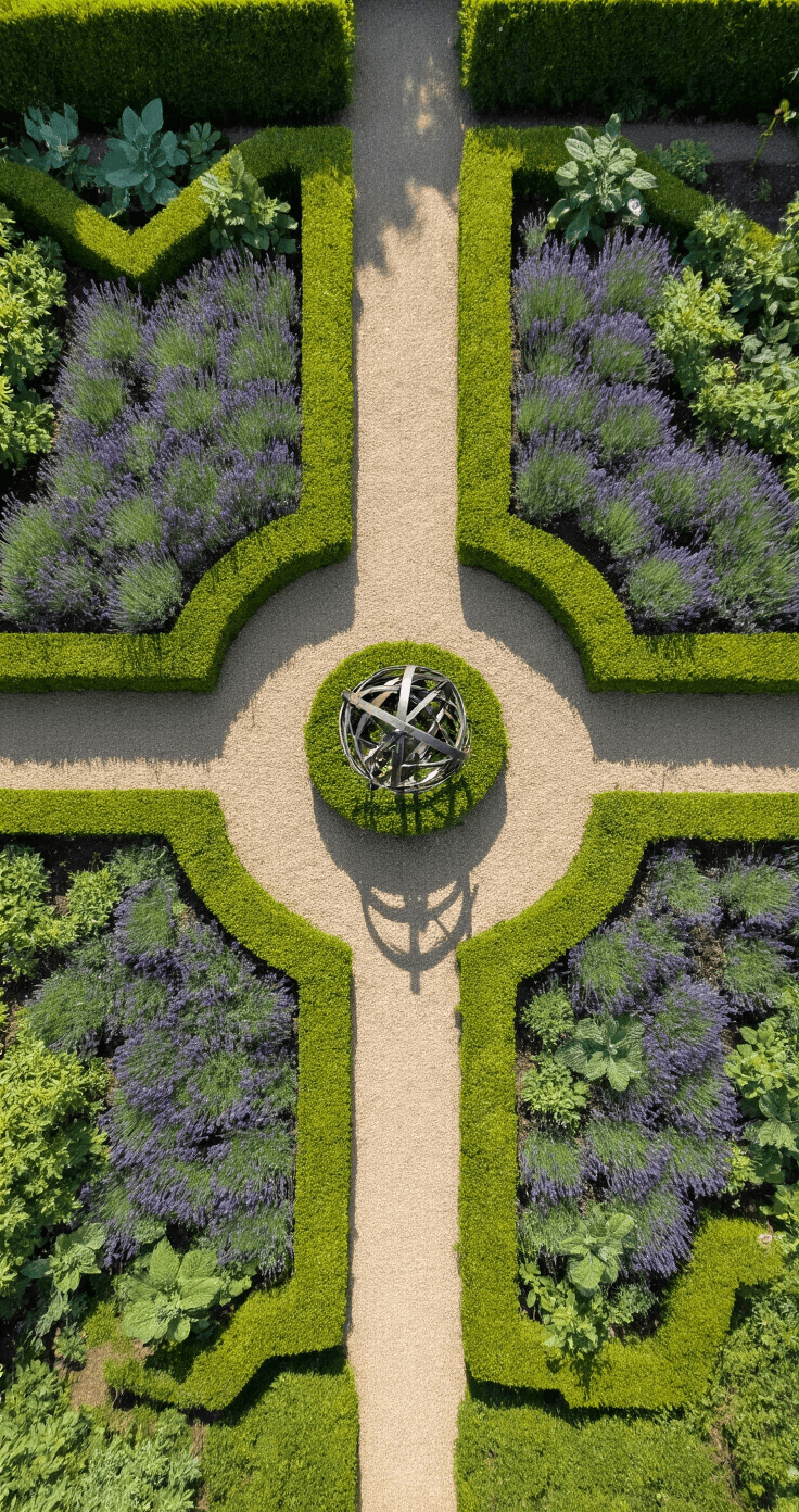 Aerial view of a formal herb garden featuring geometric box hedging forming distinct sections filled with lavender, sage, and thyme, with gravel paths dividing the beds. A central armillary sphere serves as a focal point, and strong midday sunlight casts clear shadow patterns across the layout.