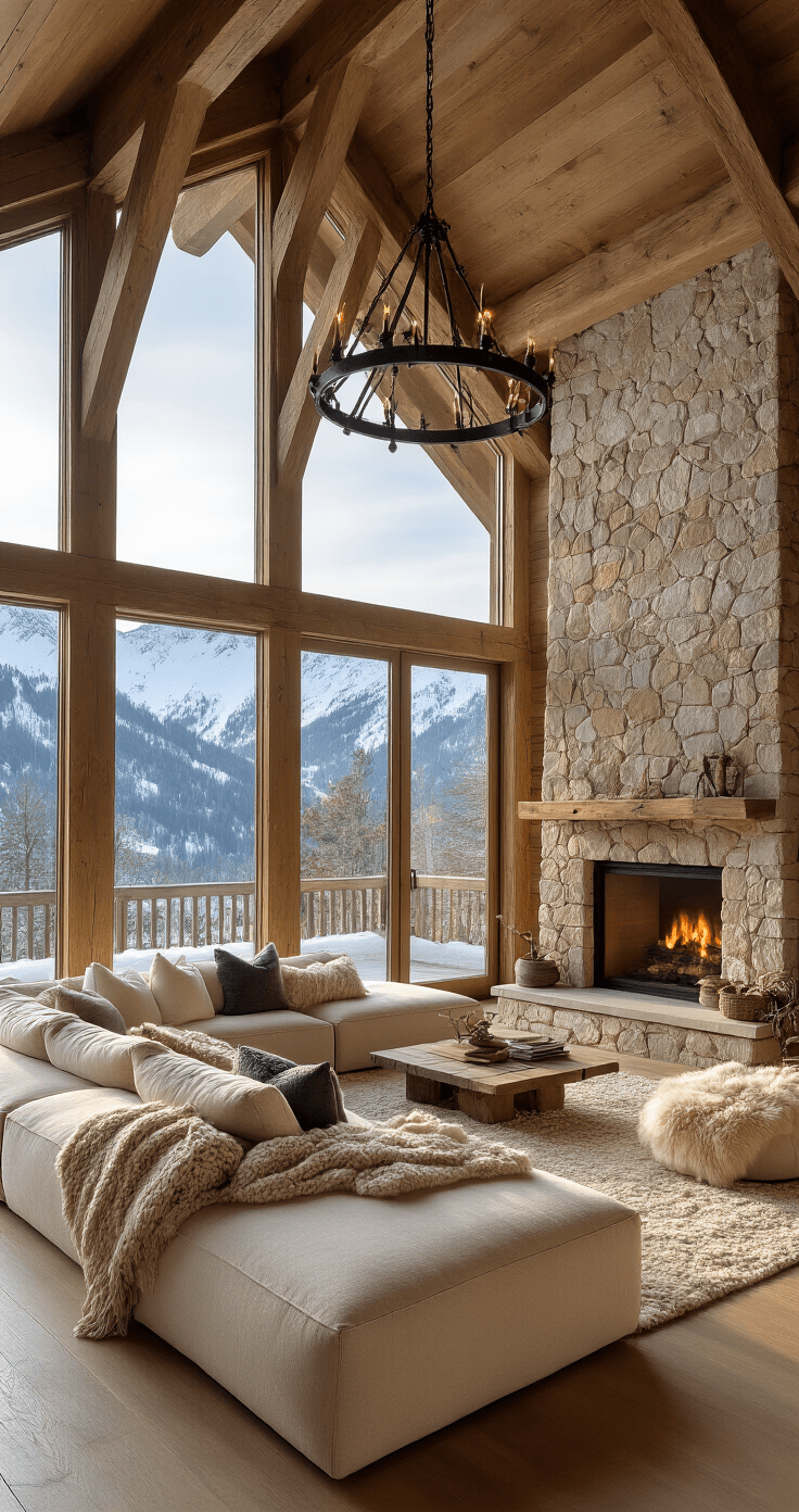 A cozy alpine-inspired living room with massive floor-to-ceiling windows showcasing snow-capped mountains, featuring a wool-upholstered sectional, stone fireplace, and rustic decor, captured at golden hour.