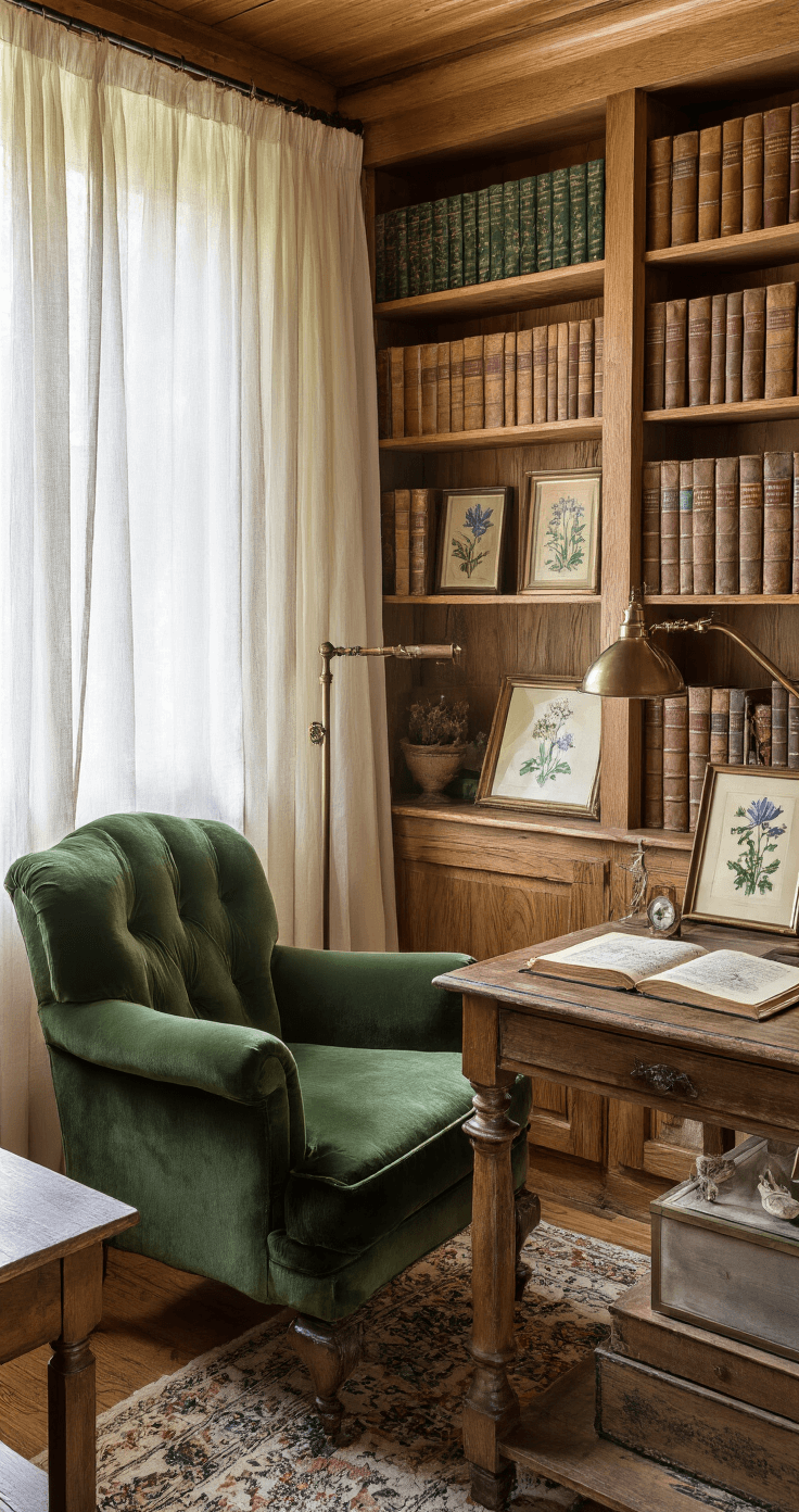 A cozy mountain botanical study nook with built-in oak bookshelves filled with leather-bound alpine flower guides, vintage illustrations of gentians and edelweiss in copper frames, a forest green velvet reading chair, and an antique brass floor lamp, all bathed in soft morning light filtering through gossamer curtains. Pressed flowers in floating glass frames and dried alpine specimens under glass cloches decorate a weathered wooden desk.