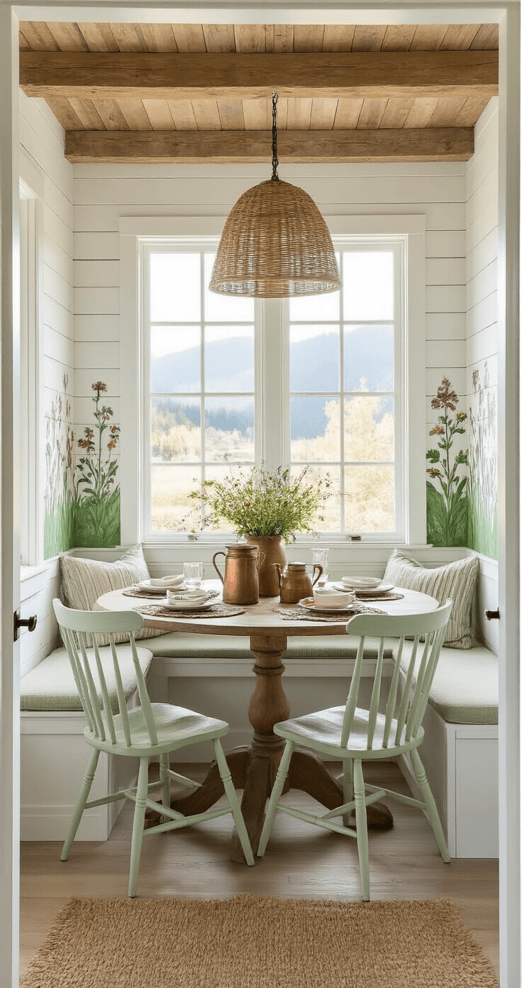 A cozy mountain breakfast nook featuring white-washed plank walls, exposed timber ceiling, and a round reclaimed wood table with pale sage Windsor chairs. Hand-painted alpine flower murals adorn the lower walls, while antique copper watering cans hold fresh wildflower arrangements. A woven grass pendant light hangs above, and ceramic pottery in earth tones adds to the botanical atmosphere, all illuminated by the morning light streaming through the doorway.