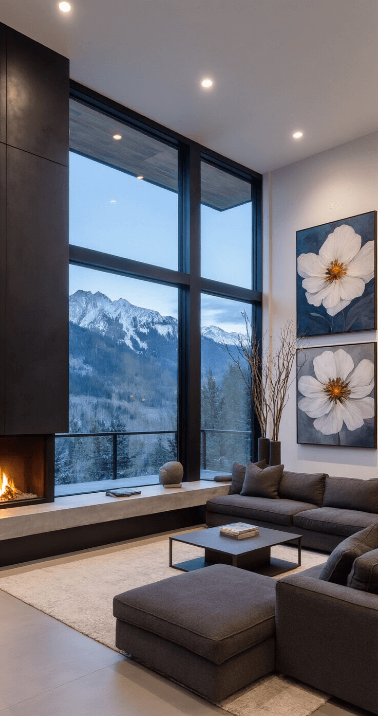 A modern mountain great room featuring blackened steel and glass walls with an alpine view, a minimalist concrete fireplace with a floating hearth, a low-profile charcoal bouclé sectional, oversized abstract floral paintings, and sculptural branches in tall vases, captured from an elevated angle with moody lighting.