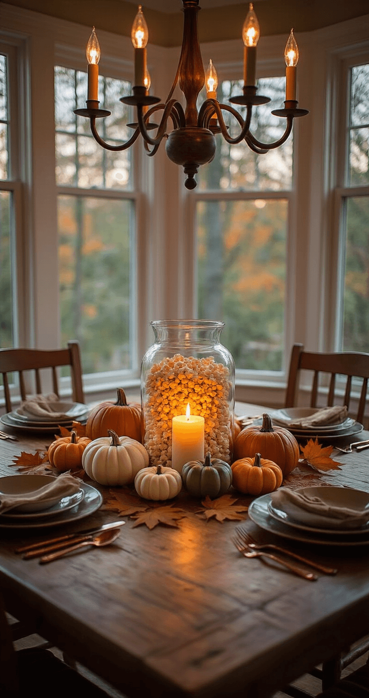 A cozy dining room at dusk featuring a rectangular oak table adorned with a glass vase of popcorn kernels and a flickering LED candle, surrounded by mini pumpkins in autumn colors and faux maple leaves. The scene is lit by a warm chandelier, creating an inviting and festive atmosphere.