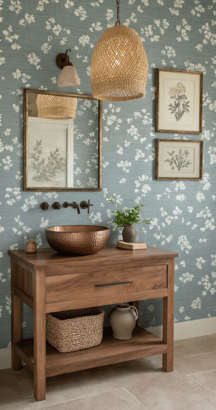 Cozy mountain powder room featuring slate blue grasscloth wallpaper with alpine flowers, a floating walnut vanity with a hammered copper sink, vintage botanical prints, ceramic accessories in earth tones, and a woven pendant light.