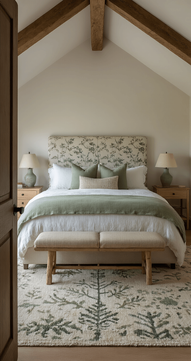 A tranquil mountain primary bedroom at twilight, featuring a king bed with winter white and sage green linen bedding, botanical-print headboard, and a hand-knotted wool rug. The room has vaulted ceilings with rough-hewn beams and is softly lit with mixed ambient and warm accent lighting. Bleached oak bedside tables with ceramic lamps complete the serene atmosphere.
