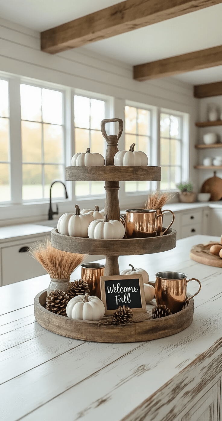 A bright and airy farmhouse kitchen featuring shiplap walls and wooden beams, highlighting a distressed white island with a three-tiered walnut tray. The bottom tier has white ceramic pumpkins and mercury glass votives, the middle tier displays a mason jar of wheat and copper mugs, and the top tier features a chalkboard saying 'Welcome Fall'.
