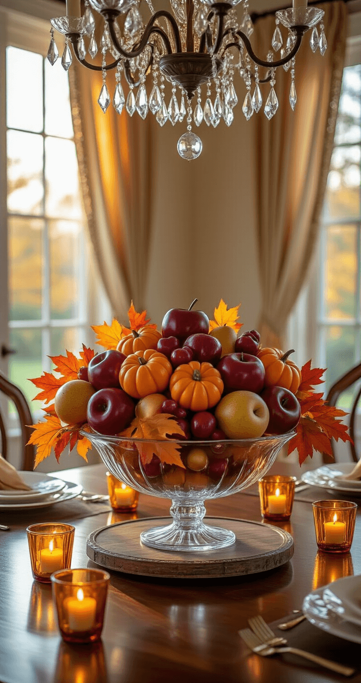 An opulent dining room with high ceilings, a crystal chandelier, and warm golden sunlight filtering through sheer curtains. A mahogany dining table displays a large glass bowl overflowing with faux crimson apples, golden pears, and petite orange pumpkins, intermingled with silk autumn leaves. The bowl is set on a weathered wooden charger, surrounded by amber glass tea light holders with flickering flames, all captured from a slightly elevated angle in soft, golden lighting.
