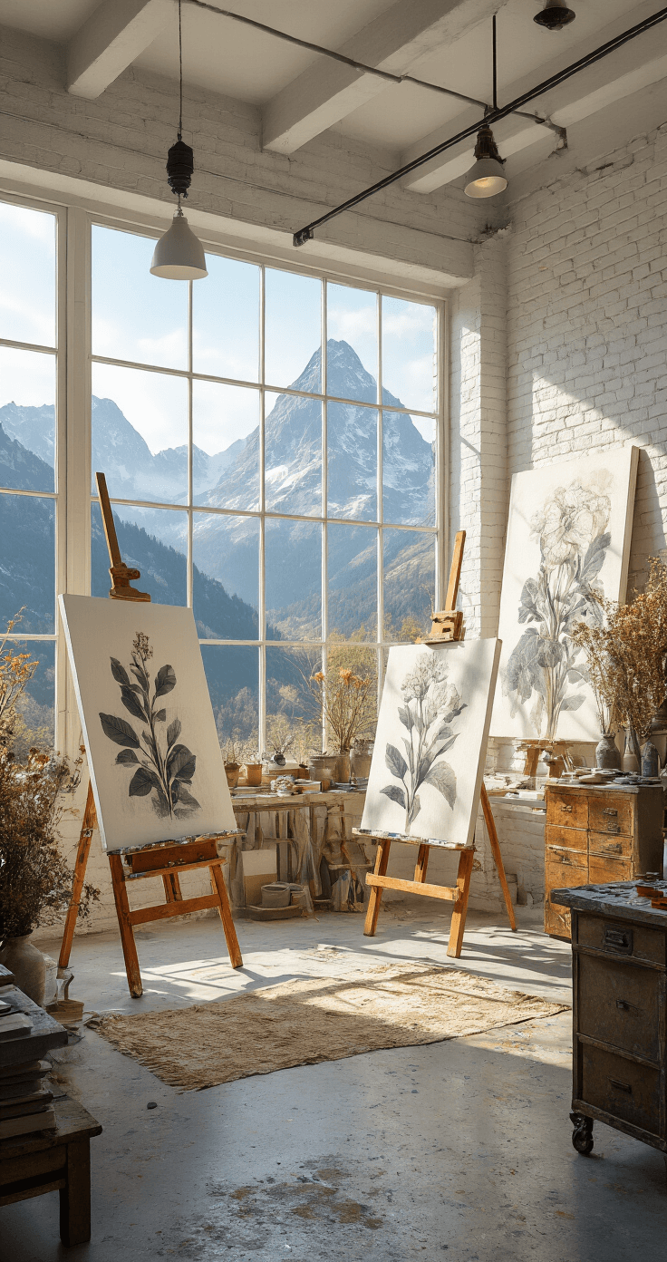 A bright, spacious mountain art studio with double-height windows, whitewashed brick walls adorned with oversized botanical studies, and industrial easels in a creative setting.