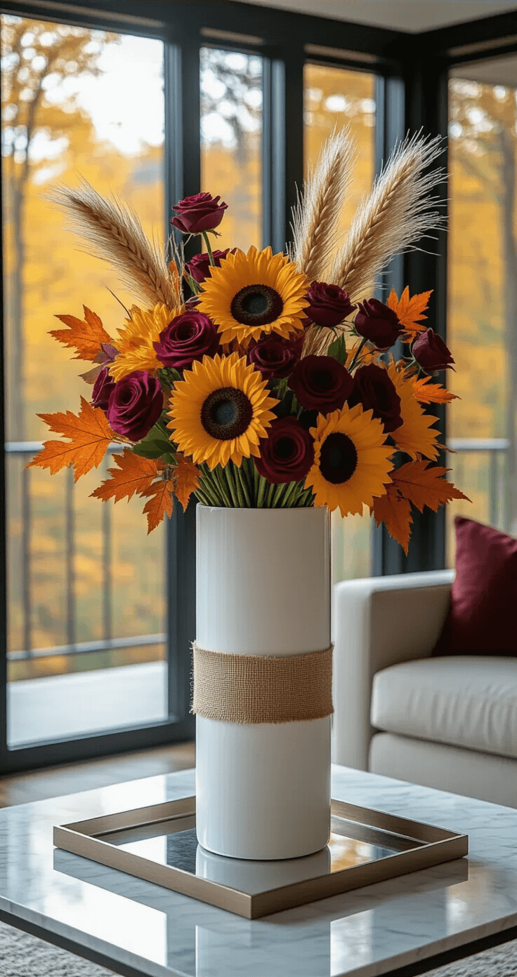 A modern living room featuring floor-to-ceiling windows with a fall forest view, illuminated by cool afternoon light. A sleek marble coffee table showcases a tall white vase filled with faux sunflowers, deep burgundy roses, and vibrant orange maple leaves, accented by wheat stalks and pampas grass. The vase, wrapped in burlap and tied with a bow, sits on a mirrored tray reflecting the colorful arrangement.