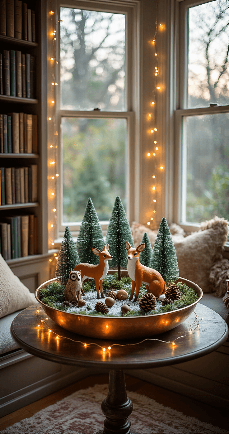 A close-up view of a cozy Victorian reading nook featuring a bay window seat and built-in bookshelves, with early evening light casting soft shadows. On a small round side table, a copper bowl holds a miniature enchanted forest scene with tiny bottle brush trees, woodland animal figurines, scattered acorns and pinecones, and a dusting of artificial snow, all illuminated by twinkling warm LED lights. The atmosphere is whimsical and enchanting.