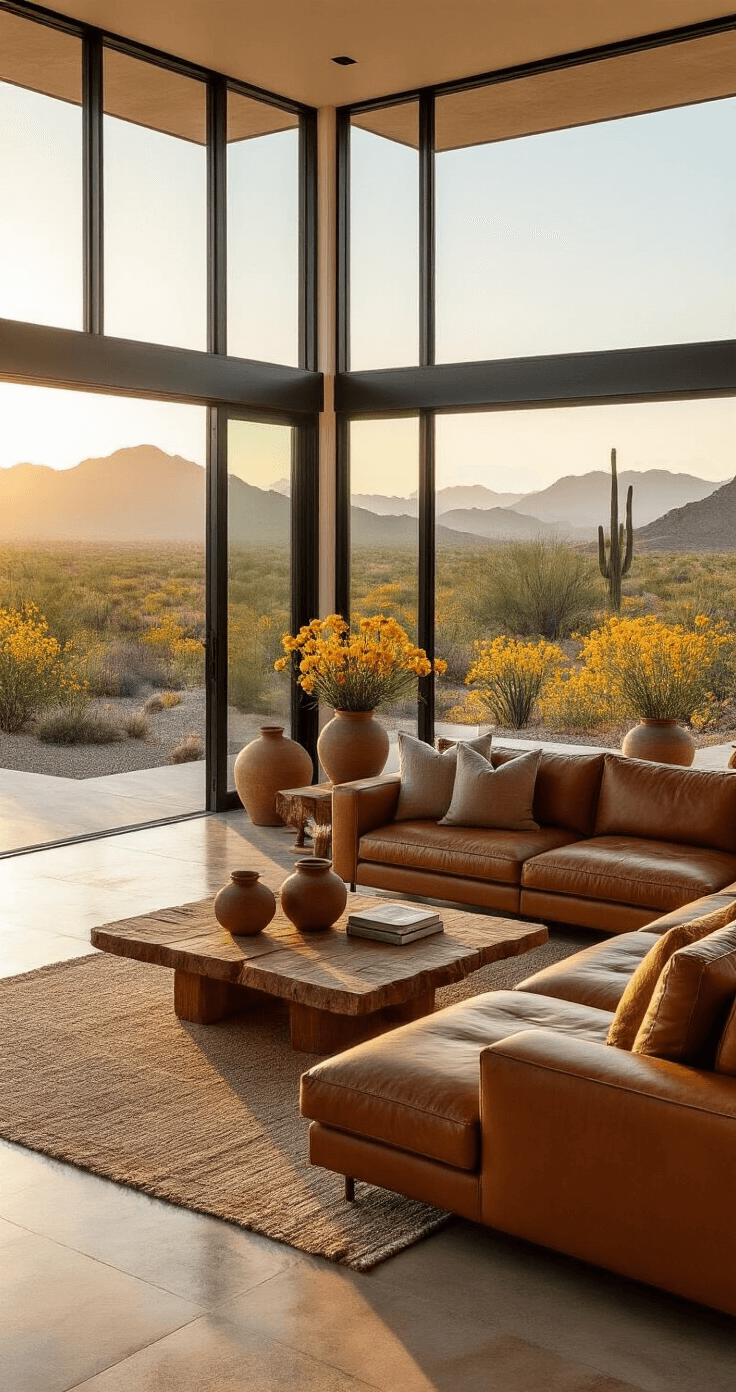 A sunlit modern desert home interior featuring a spacious great room with floor-to-ceiling windows showcasing blooming yellow Desert Marigolds; mid-century modern furniture in earth tones, including a cognac leather sectional and mesquite wood coffee table; scattered potted Ghost Flowers and Desert Lilies in ceramic vessels; warm limestone flooring reflecting golden hour light, enhanced by dusty rose and sage accents.