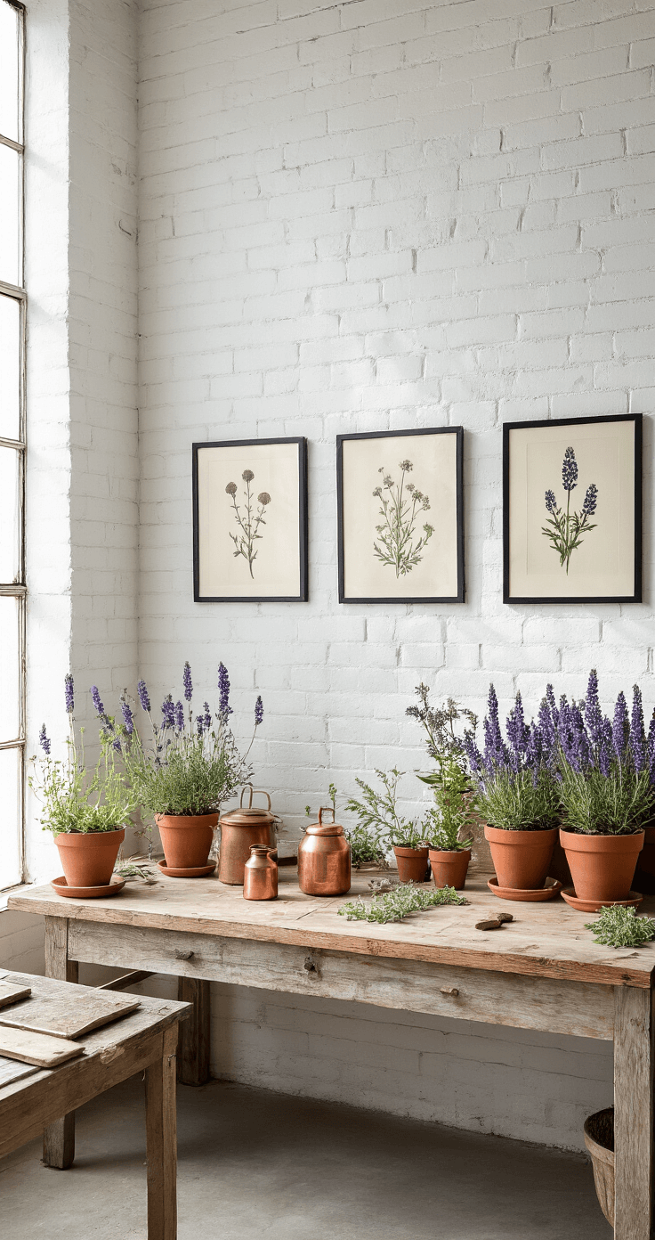 Aerial view of a cozy botanical studio featuring white-washed brick walls adorned with framed pressed desert flowers, a rustic wooden workbench with copper tools and potted Desert Lavender, and vintage botanical prints, illuminated by soft morning light through industrial windows.