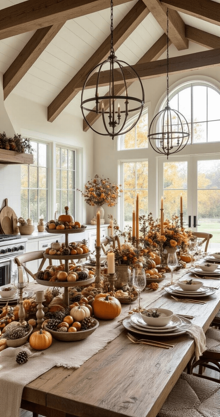 A wide shot of a spacious open-concept kitchen and dining area featuring vaulted ceilings and exposed wooden beams, illuminated by warm late afternoon sunlight. A long farmhouse table, set for a feast, is adorned with an eclectic fall centerpiece of hurricane vases with candles, tiered wooden trays with pumpkins, bowls of faux fruit, elegant floral arrangements, and miniature woodland scenes, all accented with copper, burlap ribbons, and twinkling lights, creating a festive atmosphere for a fall gathering.