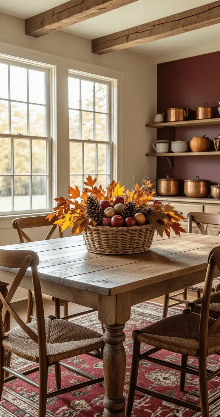 A cozy farmhouse dining room with wooden beams, golden light through large windows, a rustic table with an autumn-themed centerpiece, mismatched chairs, warm beige and burgundy walls, a vintage sideboard with copper cookware, and a hardwood floor partially covered by a Persian rug.