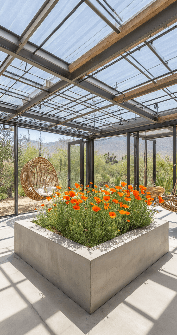 A contemporary desert conservatory with high ceilings features a central concrete planter filled with California Poppies and Sand-verbena, polished concrete floors reflecting light, and rattan hanging chairs, all showcased under dramatic shadows from the overhead sun.