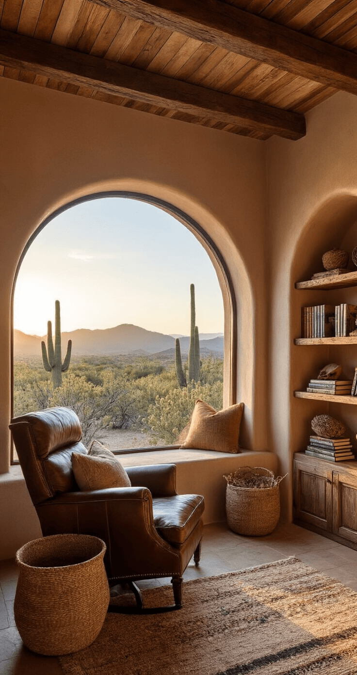 Cozy desert reading nook with oversized leather chair and Southwestern textiles, featuring an adobe window framing Brittlebush-covered hills at sunset, warm lighting highlighting reclaimed wood shelves filled with desert books and specimens.