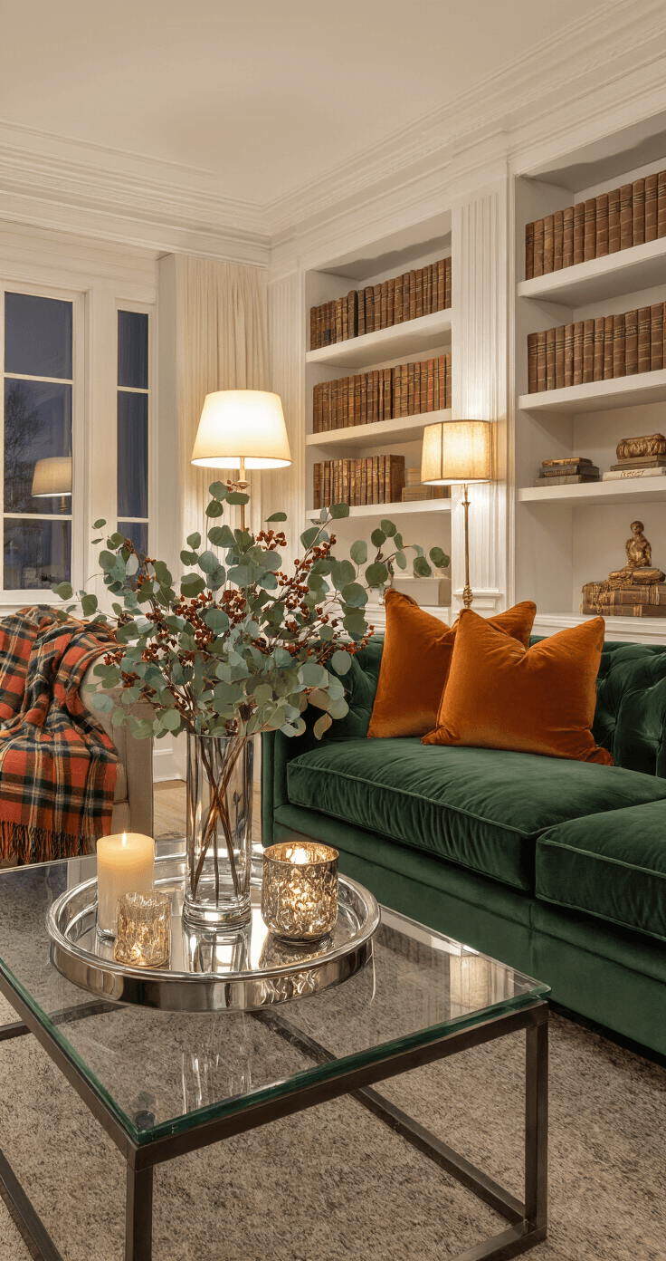 Elegant living room with high ceilings, featuring a glass coffee table adorned with eucalyptus and bittersweet berries, surrounded by a plush velvet sofa and styled bookshelves, all illuminated by warm lamplight.