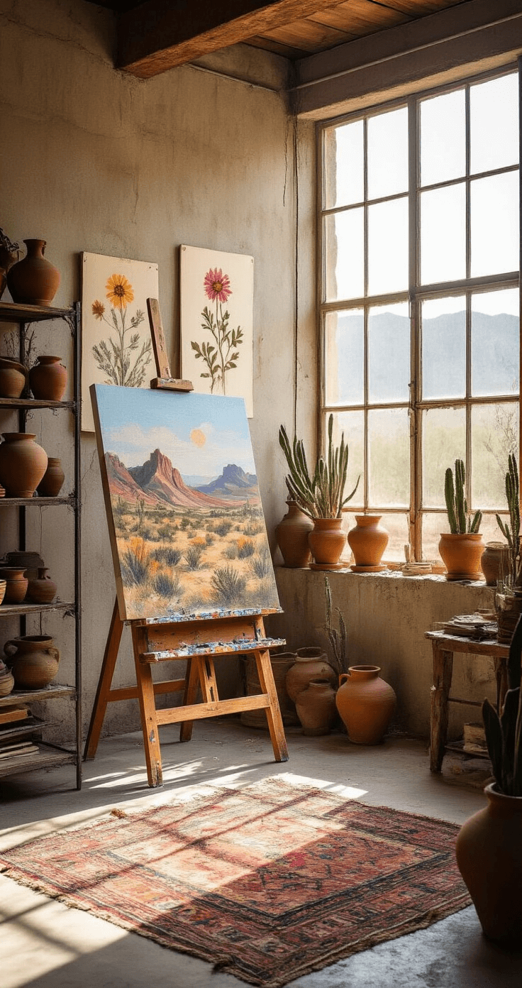 A bohemian desert artist's studio featuring high windows filtering soft afternoon light onto an inspiration wall with pressed Chuparosa flowers and botanical sketches, a paint-splattered easel with a desert landscape painting, vintage kilim rugs on a concrete floor, and clay pots of desert plants on industrial metal shelving.