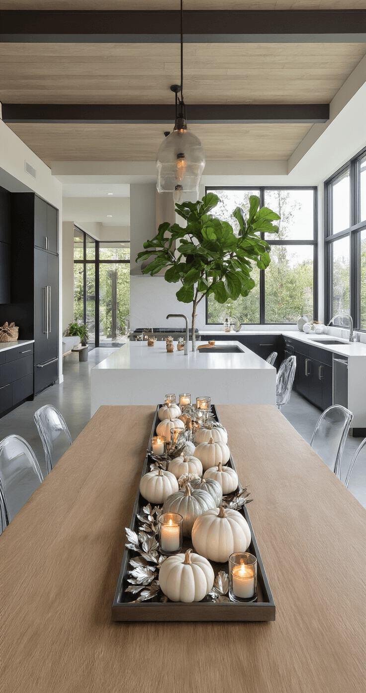 A modern open-concept kitchen and dining area with floor-to-ceiling windows, featuring a quartz-topped island as a dining table, surrounded by ghost chairs and adorned with mini pumpkins and flickering candles. The space has matte black cabinets, stainless steel appliances, and polished concrete floors, with a large fiddle leaf fig tree in the corner. Mid-morning light illuminates the minimalist fall decor.