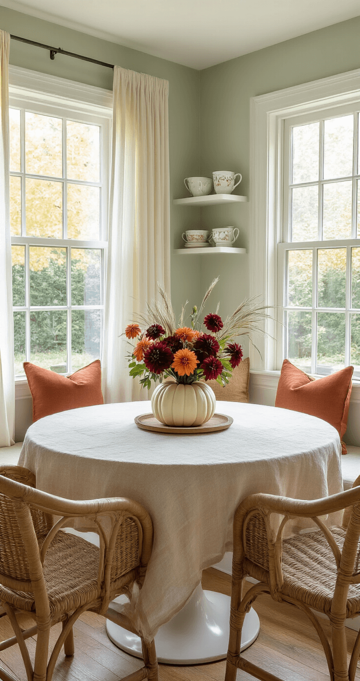 A cozy breakfast nook with a bay window, featuring a round table dressed in oatmeal linen, a pumpkin vase filled with colorful flowers, woven rattan chairs, and a built-in window seat, all bathed in soft morning light against pale sage green walls.