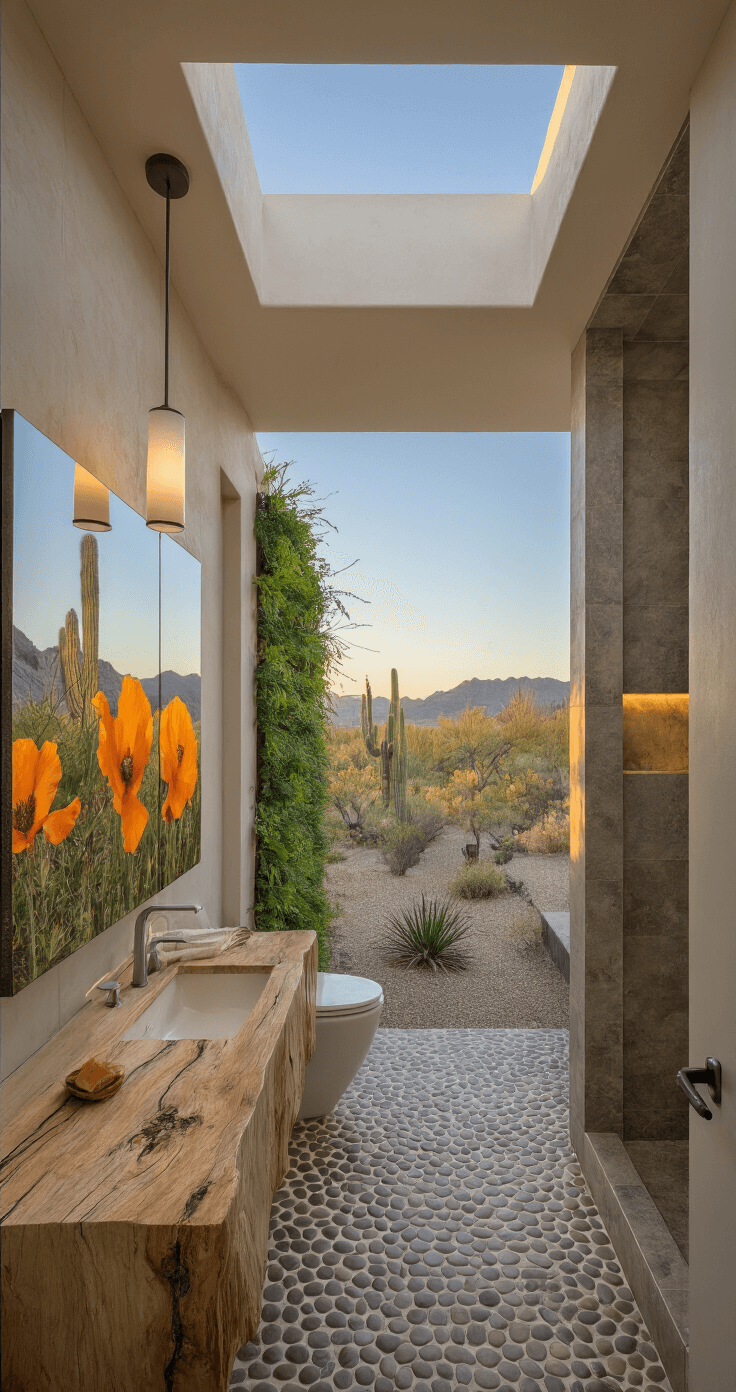 Modern desert bathroom retreat with skylight illuminating petrified wood vanity, featuring large-format Golden Poppies photography on brushed aluminum, a pebble-floor shower with a living wall, captured at dawn with morning light highlighting organic textures.